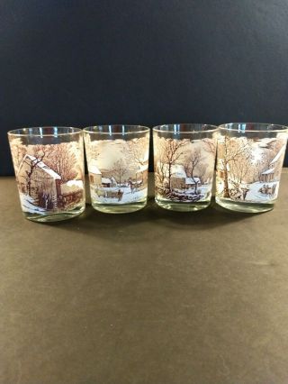 Set Of 4 Royal China Brown Currier And Ives Rock Glasses.