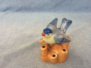 Vintage Blue Bird Flower Frog Lusterware Figurine 6 Holes Japan