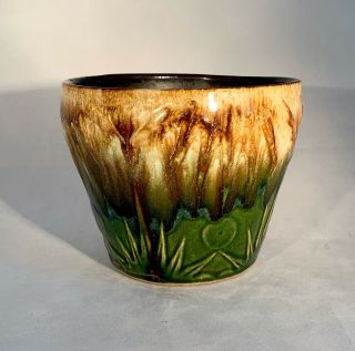 Vintage R.  R.  P.  Co - Roseville,  Oh - Sun & Moon Jardiniere - Usa Pottery - 5” - Green/brown