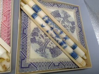 Authentic Old Blue Willow 2 Candle and Napkin Set Vintage Made in Denmark - Blue 2