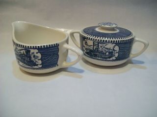 Vintage Currier & Ives Royal China Old Grist Mill Blue Creamer & Sugar Set