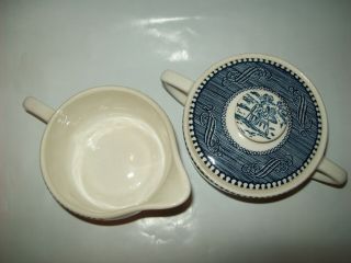 Vintage Currier & Ives Royal China Old Grist Mill Blue Creamer & Sugar Set 3