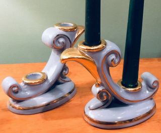 Set 2 rare ABINGDON Vtg Luscious BLUE/GOLD Candle Holders Knoxville IL ‘50s 2