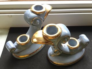 Set 2 rare ABINGDON Vtg Luscious BLUE/GOLD Candle Holders Knoxville IL ‘50s 3