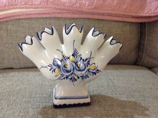 Vintage 5 Finger Tulip Bud Vase Made In Portugal Hand Painted Blue White