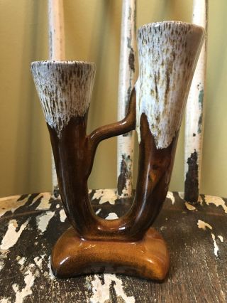 Anna Van Briggle Pottery Double Bud Vase In Brown Drip Glaze