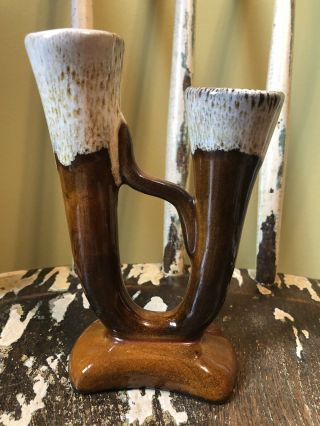 Anna Van Briggle Pottery Double Bud Vase in Brown Drip Glaze 2