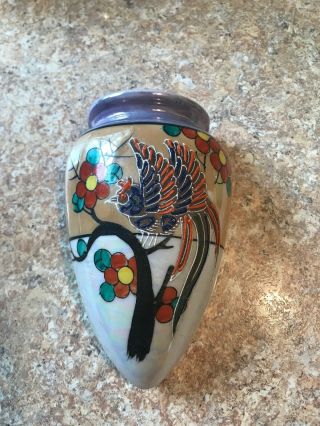 Vintage Lusterware Moriage Bird Wall Pocket Vase Hand Painted Japan