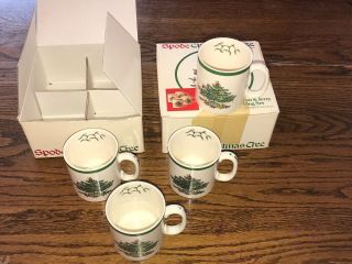 Rare Set Of 4 Spode Christmas Tree Pattern Handled Coffee Mugs.