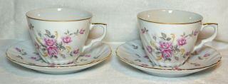 2 Lefton China Teacups And Saucers,  Moss Rose Pattern,  Gold Trim,  Swirl Pattern