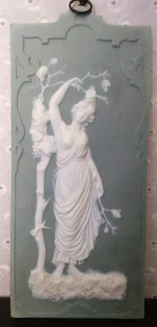 Wedgwood Green & White Rectangle Wall Plaque 8 " X 4 ".  Has Attached Hanging Hook.