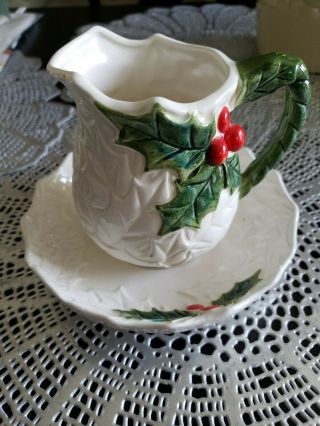 Vintage Lefton White Holly W/berry Christmas Creamer Syrup Pitcher And Saucer