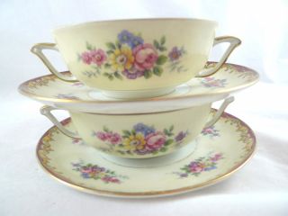 2 Vintage Mz Czechoslovakia Soup Bowls 2 - Handled With Under Plate Saucer