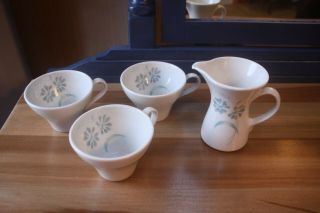 Caribe Puerto Rico Vintage Blue Floral Creamer And 3 Coffee Mugs
