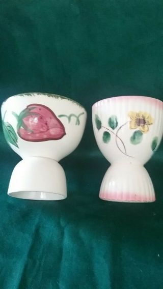 2 Egg Cup1 Blue Ridge Pottery Hand Painted Strawberry &1 Unmarked Red Flower