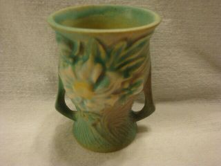 Vintage 1940 ' s ROSEVILLE Pottery USA Peony Green 2 Handle VASE 57 - 4 
