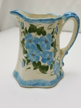 Vintage 1950s Blue Ridge Pottery 5.  5 " Pitcher Cash Family Decorated Blue Flowers