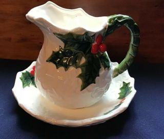 Mid Century Vintage Lefton White Holly Christmas Pitcher Holiday Container 1970
