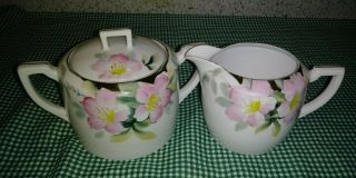 Vtg Noritake Azalea 19322 Hand Painted Creamer & Sugar Bowl,  Lid Pink Flowers