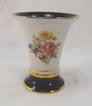 Royal Dux Floral Cobalt And Gold Trimmed Vase Czechoslovakia Euc