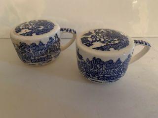 Cute Vintage Blue Willow Salt & Pepper Shakers With Handles And Corks