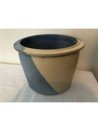 Hand Thrown Blue Beige Glazed Stoneware Pottery Crock Planter Pot 6 1/2 " High