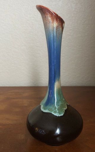 Dryden Arkansas Pottery Blue Brown Bud Vase Signed