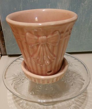 Vintage Shawnee Pottery 4 1/2  Ribbon And Bow Flower Pot W/ Attached Saucer