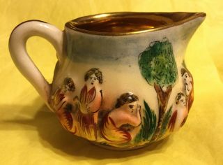 Vtg.  Miniature Hand Painted Pitcher " Made In Italy " Raised People On Outside