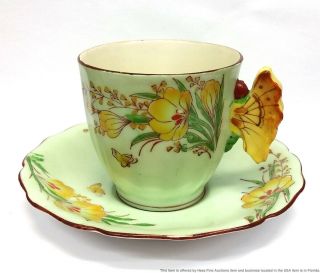 Occupied Japan Colorful Vintage Mid Century Butterfly Handle Teacup Saucer