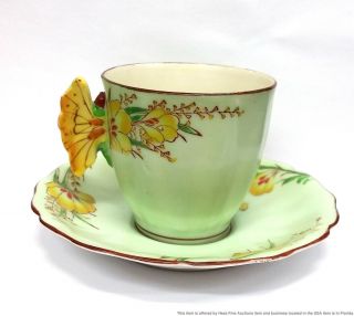 Occupied Japan Colorful Vintage Mid Century Butterfly Handle Teacup Saucer 4