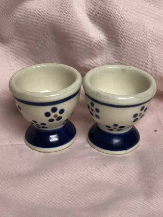 Boleslawiec Polish Pottery Blue Dot Flower Egg Cups Set Of 2