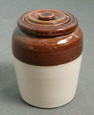 Vintage Miniature Pottery Crock W/ Lid - Brown Tan Glazed - 4 " T X 3 1/2 " W - Sb