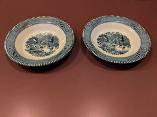 Currier And Ives 2 Soup Bowls - Blue - Early Winter Pattern - 8.  5 " By Royal