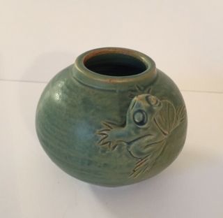 Green Pottery Bud Vase With Frog Small Hand Made Art Toad
