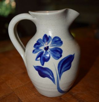 Williamsburg Pottery Pitcher Creamer Salt Glaze Cobalt Blue Big Flower 4.  5 "