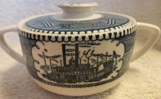 Currier And Ives Antique Blue And White Handled Steamboat Sugar Bowl With Lid