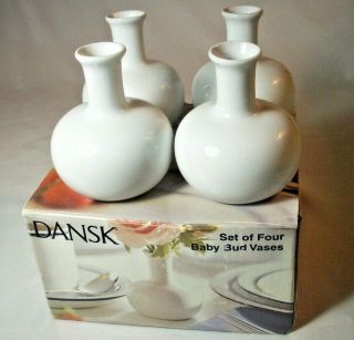Dansk Pottery: Set Of 4 White Ceramic Baby Bud Vases In Box: Exc: Nr