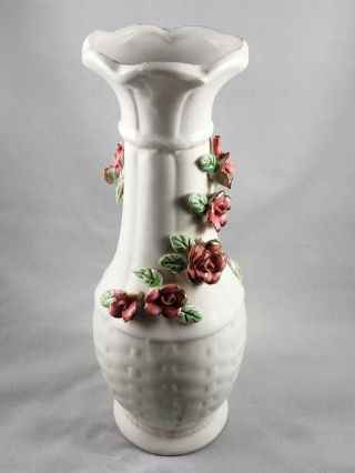 Vintage Belleek Style Vase With Flowers Basket Weave Pattern