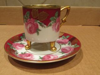 Mitterteich Bavaria Demi Tasse 3 Footed Cup & Saucer Large Pink Roses Gold