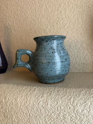 Unique Handmade Pottery Stoneware Coffee Tea Mug - Blue Speckled,  4.  5” Signed