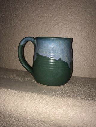 Handmade Pottery Stoneware Coffee Tea Mug - Green W Blue,  4.  25”,  Signed