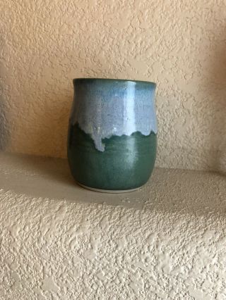 Handmade Pottery Stoneware Coffee Tea Mug - Green w Blue,  4.  25”,  Signed 2