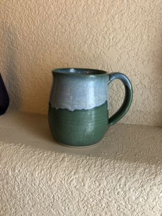 Handmade Pottery Stoneware Coffee Tea Mug - Green w Blue,  4.  25”,  Signed 3