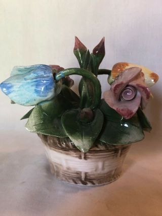 Vintage Estate Med Capodimonte Porcelain Flower Tulip Basket Hand Painted Italy
