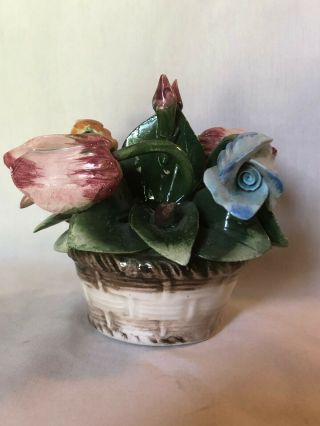 Vintage Estate Med Capodimonte Porcelain Flower Tulip Basket Hand Painted Italy 4