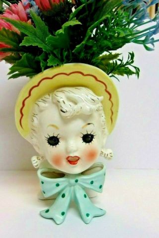 Vintage Lady Head Vase W Bow With Flowers