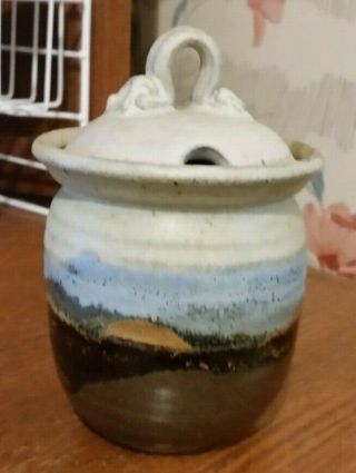 Hand Crafted Studio Pottery Honey Pot - Browns/blue/black/cream Abstract Landscape