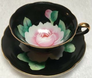 Vintage Hand Painted Black With Pink Roses,  Teacup And Saucer,  Gold Trim,  Japan