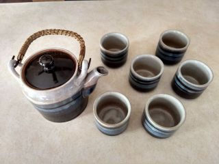 Tea Set,  Ceramic,  Brown & Blue,  Pot & 6 Cups. ,  No Chips.